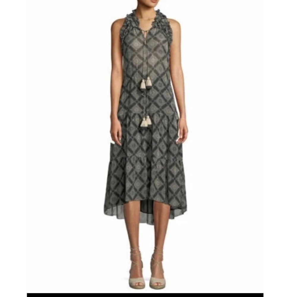Figue Women‎ XS Black Pink Geometric Diamond Print Ruffle Tassel Midi Dress